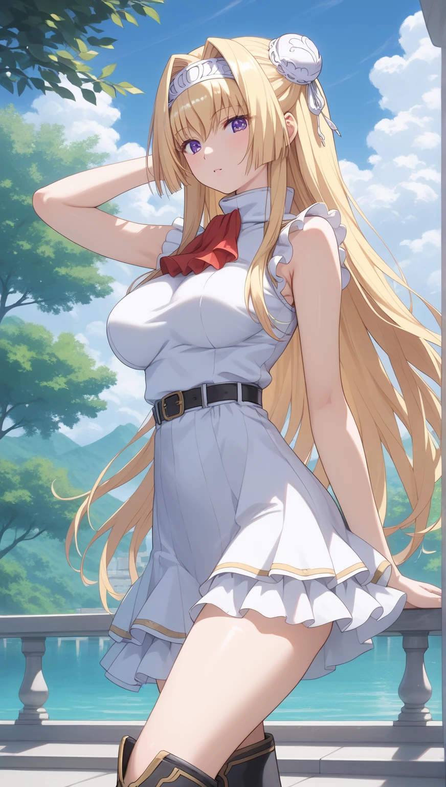 Expressive eyes, (((1 girl))), ((anime)), (Blonde, ), ((blue eyes)),(Half closed eyes), ((very Big Breasts)), ((Firm breasts)), ((Exposed thighs)),((goddess,Angel))((school uniform,mini skirt)), ((Big Breasts,and ass)), ((Blunt bangs)), ((white, Race)), ((School)), Captivating smile, Princess Cut, Shiny Hair, (masterpiece), Anatomically Correct Art, Very detailed, Advanced Details, high quality, 最high quality, High resolution, 4K, 8k, ((mini skirt)),(((Captivating smile))),