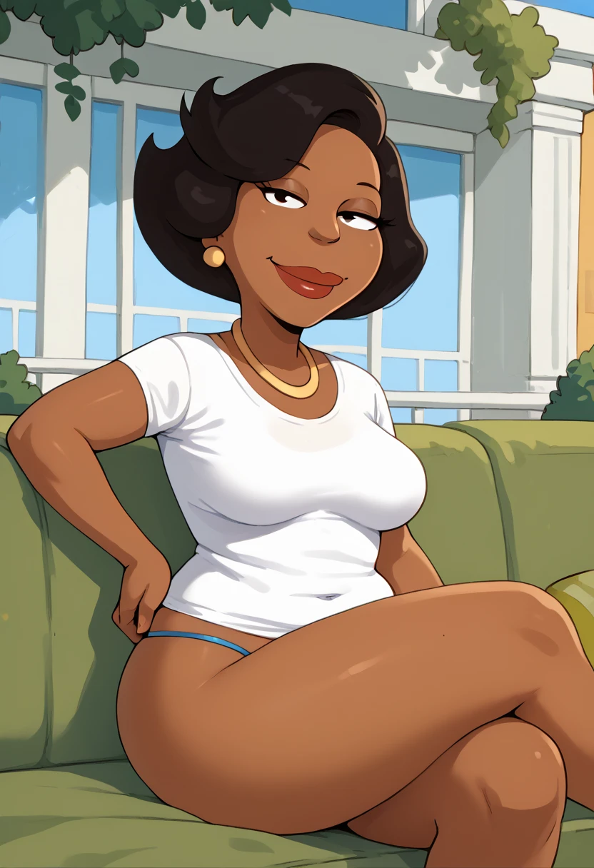 obra de arte, melhor qualidade, lanamãe, pupilas brancas, Cabelo longo, hair ornament, Camisa, Manga curta, Saia azul e branca, tronco, seios grandes, clavicle, (Fora do ombro:0.4), mulher madura, quadris largos, olhando para o espectador, sorriso, praia, Palmeiras, boardwalk, Boca aberta, feliz