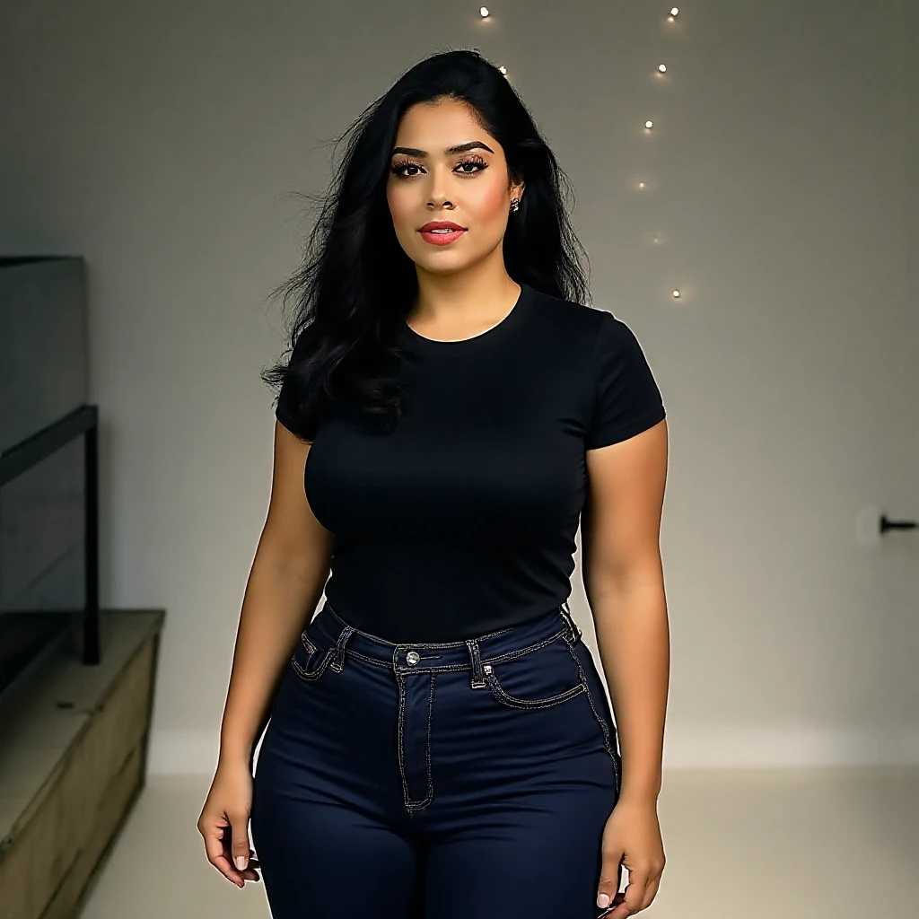 1 handsome and beautiful overweight Hispanic woman, medium brown skin tone, smirking with short brown hair half body shot wearing a black t-shirt and jeans