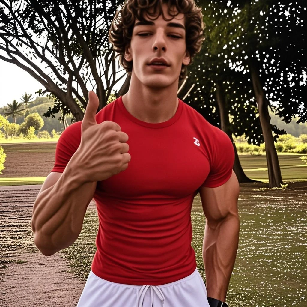 Young barefoot muscular rusty teenage himbo guy with hot libido, street fighter. Trains on an abandoned outdoor sports ground. Sweaty athletic trained body with steam coming from it. Brown eyes, very short brown sweaty hair. Unbuttoned black blue ripped sleeveless sports jacket, black worn sweaty sweatpants. A pose showing sweaty abs, bare feet and heels. The wound is from a gunshot wound. full height