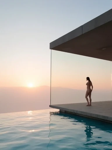 The image depicts a woman with her naked body in the shadow inside a furnished room standing near a half-open door on the terrace of a Sicilian house overlooking the sea