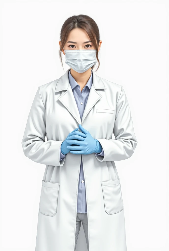 In 2d a lady with an apron, cap, White uniform, gloves, face mask, Boots, and food industry protective glasses 