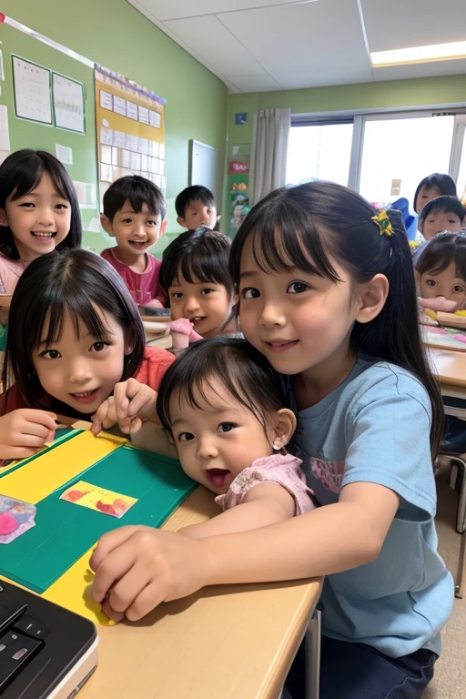 Photo of Indonesian children and Indonesian speech therapists. The therapist holds flash cards and the  responds. smile. Indonesian people. 4k ultra realistic. mid shot