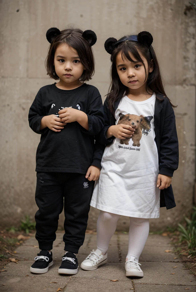 Two little girls playing with a cat, estilo graphic comic realista