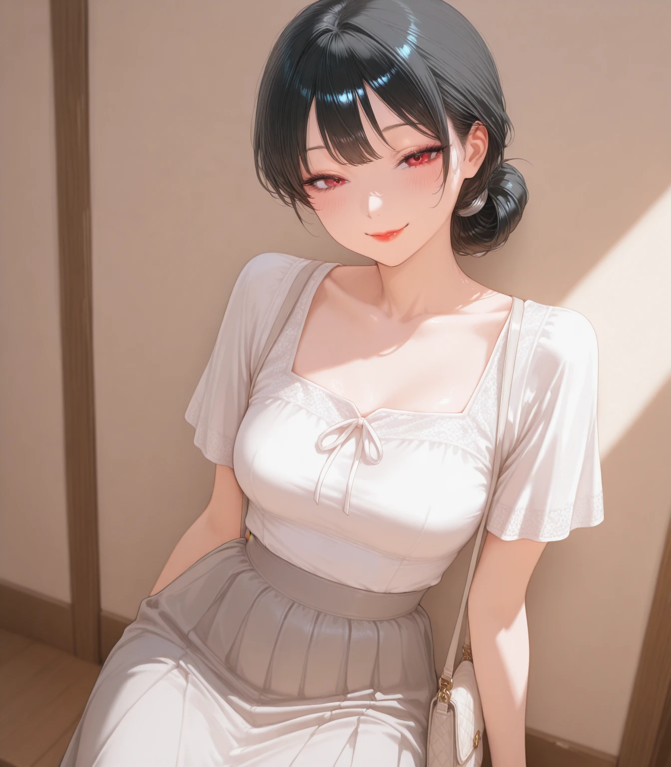 masterpiece, highest quality, One Girl, Thighs, beautiful girl, Small waist, Official Art, RAWphotograph,colorful、Bright lighting、Face Light, Ultra-realistic, High resolution, photograph, Sharp focus, Highly detailed eyes and face,Symmetrical face, whole body、Large Breasts、Long Hair、チラリと見えるThighs、Beautiful cleavage、smile、lipstick、ponytail、whole body、Embarrassed、mini skirt、White socks、physical education