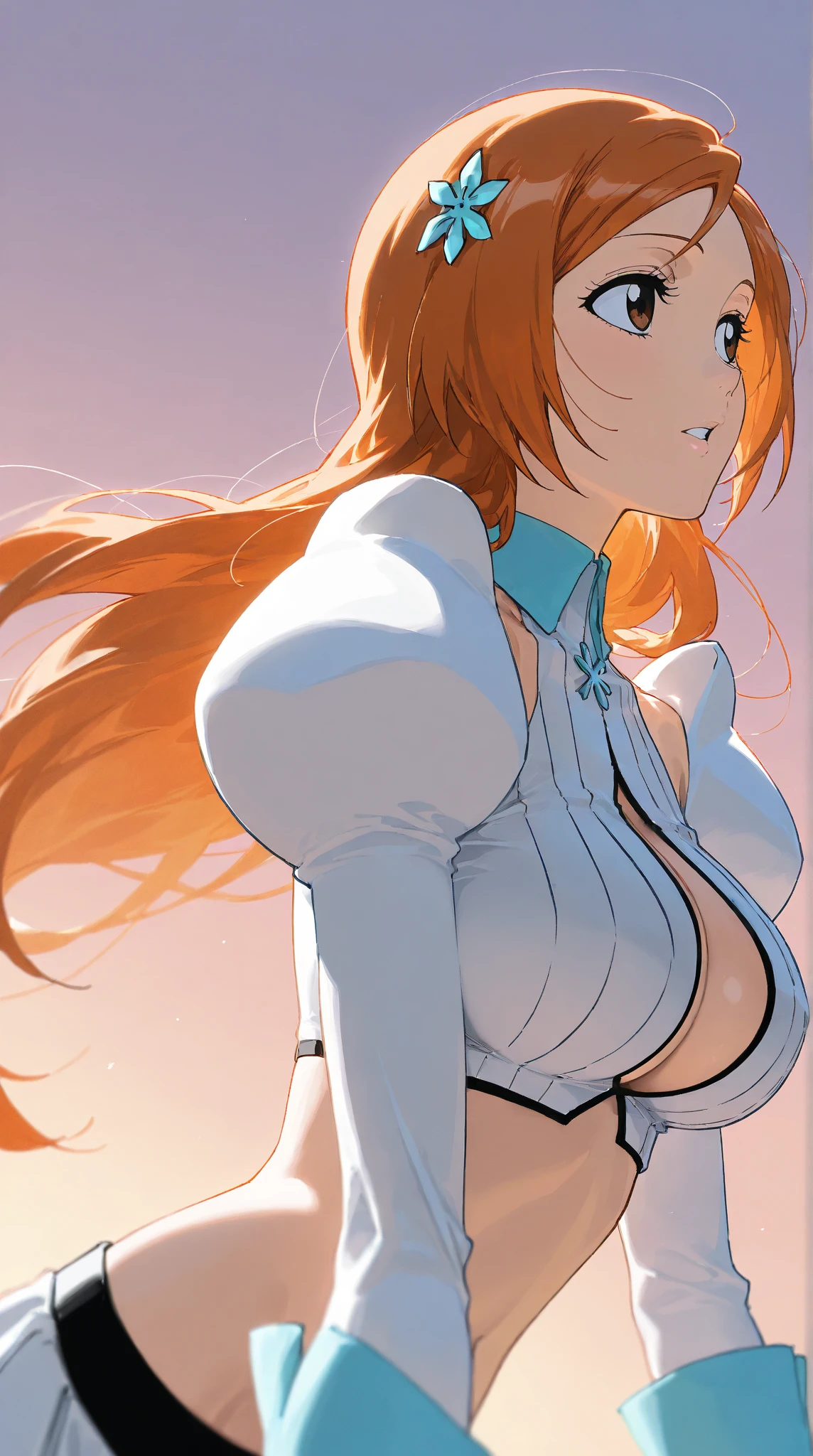 masterpiece, best quality, Inouedress, 1girl, solo, orihime, standing, bodydress, cleavage, long hair, gray eyes, hair between the face, slight smile, darkroom, looking at viewer, portrait