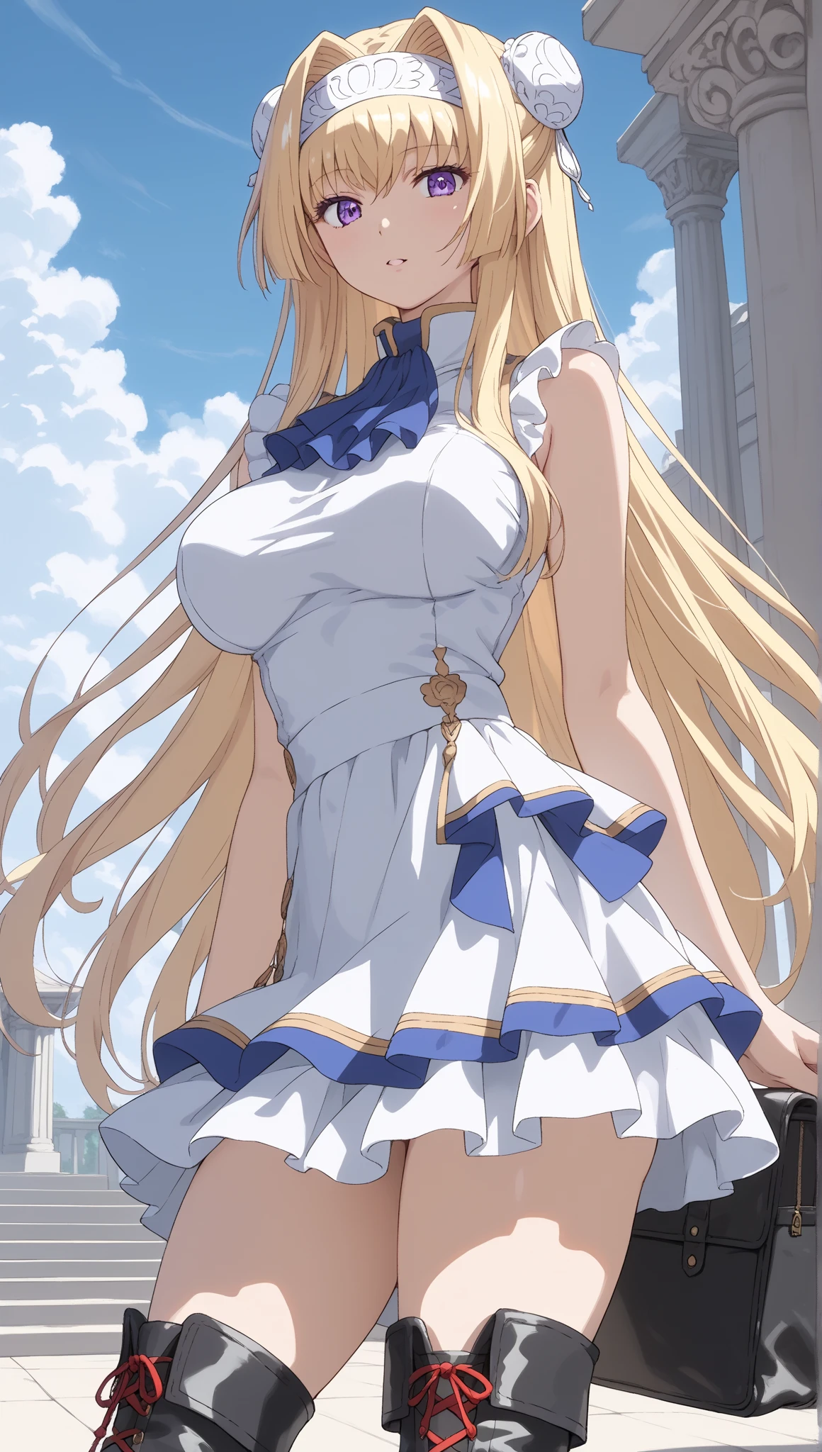 (masterpiece:1.3), (best quality:1.1), (8k, ultra detailed, ultra high res:1.2), ((anime style)), perfect 5 fingers, perfect anatomy, 
1girl,
BREAK long hair, wavy hair, 
(blonde hair), 
(blue eyes), 
medium breasts, camisole, (Sequins, white Sequins:1.2),  
BREAK smile, 
(gazing skyward:1.4), standing, shoot from below, 
cowboy shot, 
outdoor, sky, 