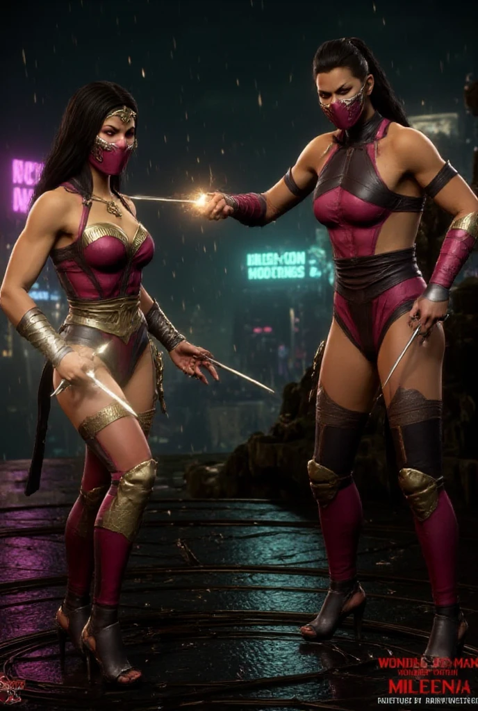 Widowmaker standing on a mat with a man kneeling down, posing for a fight intricate, posing for a fight, heroic muay thai stance pose, widowmaker wrestling woman, fight pose, posing ready for a fight, women fighting men, mma southpaw stance, kneeling at the shiny floor, in a fighting pose, fighting posture, midriff exposed