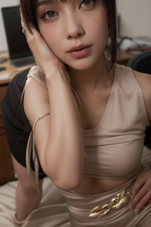 highest quality, Ultra-high resolution, Highly detailed skin, Japanese Lady、Physically Based Rendering,Down blouse, On all fours,Bend deeply forward、30th Generation、Beautiful Skin、Wide open chest、tea bag、Large Breasts、（No bra）、Showing nipples
