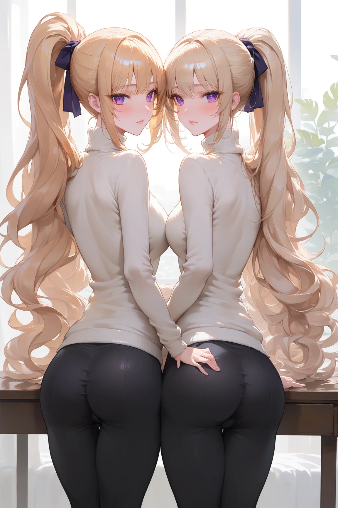 Super detailed、highest quality、Best image quality、masterpiece、8K、(two women lined up:1.5)、Anime Face、A kind smile、Open Mouth、Sparkling Blue Eyes、(Long blonde wavy hair:1.5)、Heavy bangs、Wearing a maid headband、(NSFW giant)、(((Rear view)))、Cowboy Shot、(Wearing a white thong:1.3)、Muscles of the whole body、Knee-high socks