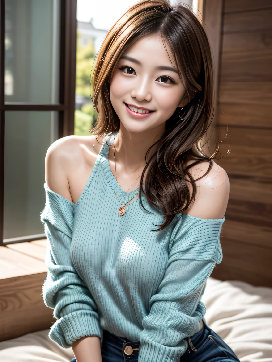 (Top quality, tabletop, 8K, highest image quality, award-winning work), 50-year-old mature woman alone, (dark blue long knit: 1.2), (precision and perfect long knit: 1.2), (dark blue long knit: 1.2), Shining, beautiful skin, fair and ultra-high detail skin, (accurate anatomy: 1.2), living room of the most luxurious apartment, gentle smile staring at me, (close-up of woman: 1.2), sitting elegantly on the sofa, ( Sitting elegantly on the sofa: 1.1), Very bright and clean, (Background blur: 1.1), Portrait photo, (Low contrast: 1.1), (Soft and smooth drawing: 1.1), Very romantic, Very bright, (Very bright and refreshing :1.1), Refreshing youthful colors, illuminated white skin, (The most natural and practical real furniture arrangement: 1.1), (Looks great in the living room of the most luxurious apartment: 1.1), Very bright and vivid, ( Real Yua Mikami's face: 1.1), (High definition real Yua Mikami's face: 1.1), (Perfect Yua Mikami's face with detailed details: 1.1), Big-looking breasts,
