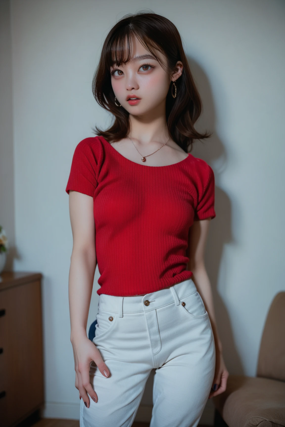 ((standing on your feet、ultra-realistic realism、The whole body faces the audience，In a convenience store、In front of the cash register at a convenience store、The whole body is lit up), (illustratio), (A high resolution)), (8K), (The is very detailed), (The best illustrations), (stand posture、beatiful detailed eyes), (top-quality), (ultra - detailed), (tmasterpiece), (the wallpaper), (详细的脸), (Inside a convenience store in the middle of the night、Inside a convenience store、Stand in front of the cash register、A smile、red lipsticks)、((Bright red lipstick、femele,Black color hair,long whitr hair,1girll，((Woman in red collar shirt short sweater、show navel，long  skirt)), Chinese ???????????