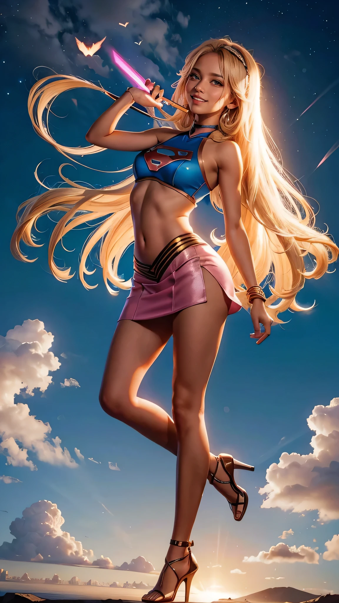 ((masterpiece, best quality,absurds)),supergirl( 1 woman,solo, long blonde hair, 21 years old,expressive blue eyes,huge breasts:1.3), cheerleader uniform (((mini sleeveless gym top, pleated mini skirt,white thong panties with garter, stocking))supergirl cosplay) , back straddling ass, college football stadium,other buildings blurred to the bottom of the picture, night