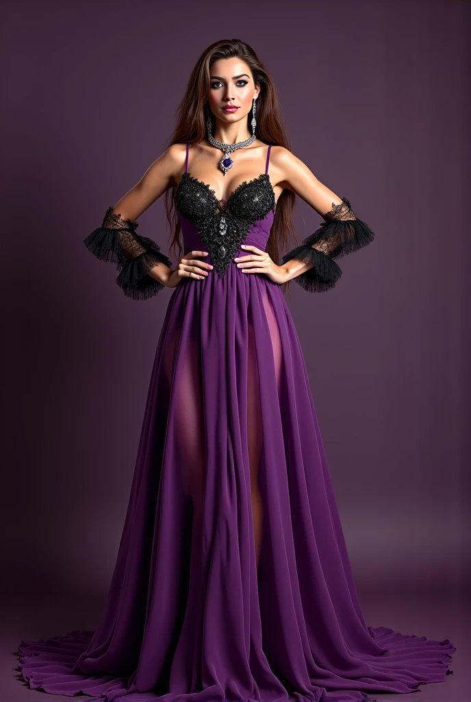 Highest quality,masterpiece,Ultra-high resolution,(Actual:1.4),Original photo,Ultra-high resolution,8k,One Woman,Incredible beauty、Japan great actress、Fair skin,Big wave diamond purple and cool black collaboration dress:1.5,High heels,Ultra-realistic pantyhose, Pantyhose with elegant markings, Long legs:1.5,Bright and beautiful,high waist,Flashy makeup using red eyeshadow,
