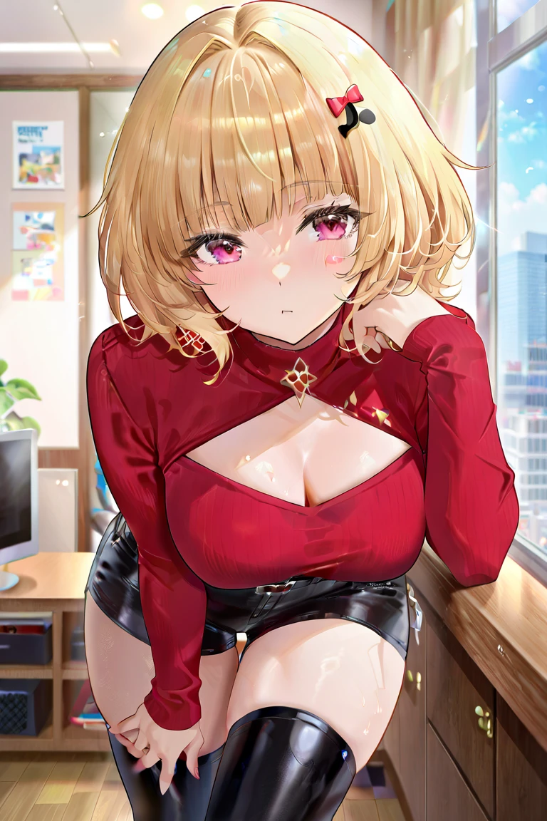 Korean idol girl　Mature Woman　Short wavy blonde hair with bangs　(Bright red rouge lips)　Big Breasts　超Big Breasts　Chubby　Plump　Big Butt　Wet ass　((Rimless glasses))　　Big eyes　((Khaki blouse))　((Shiny enamel tight skirt))　((Knee-high boots)) garter belt　8K　Photorealistic　Dark basement　((Turn around and make eye contact))　((stick out your butt on all fours))　((Depiction from directly below))　bedroom　look down