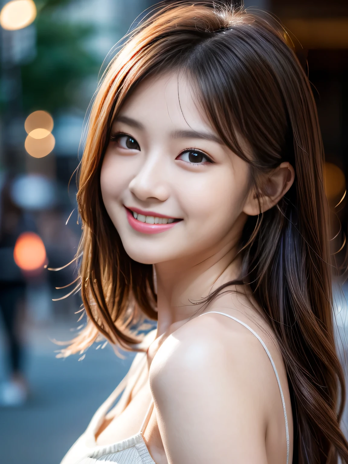 best quality, hires, detailed face , smile , breast , chest, night view , cute girl , eautiful , winter, no bra
