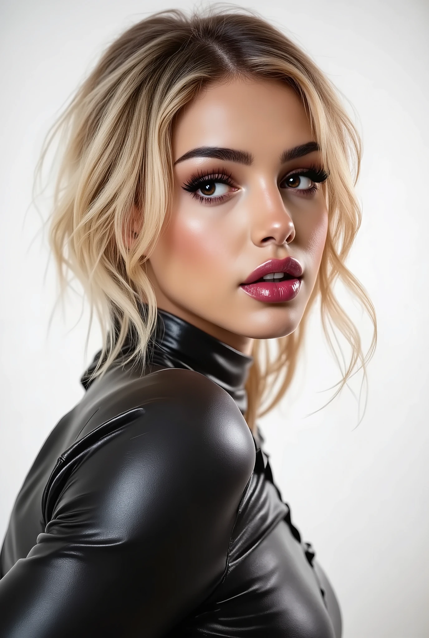side profile image of Angellica Good, instagram model with a shiny white satin on down shirt, glossy black vinyl latex legging, seductive, white studio background