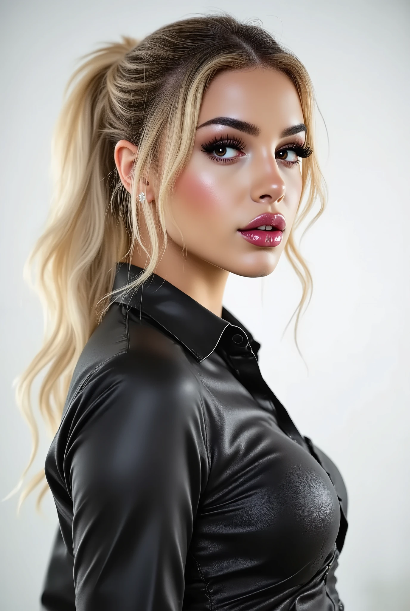 side profile image of Angellica Good, instagram model with a shiny white satin on down shirt, glossy black vinyl latex legging, seductive, white studio background