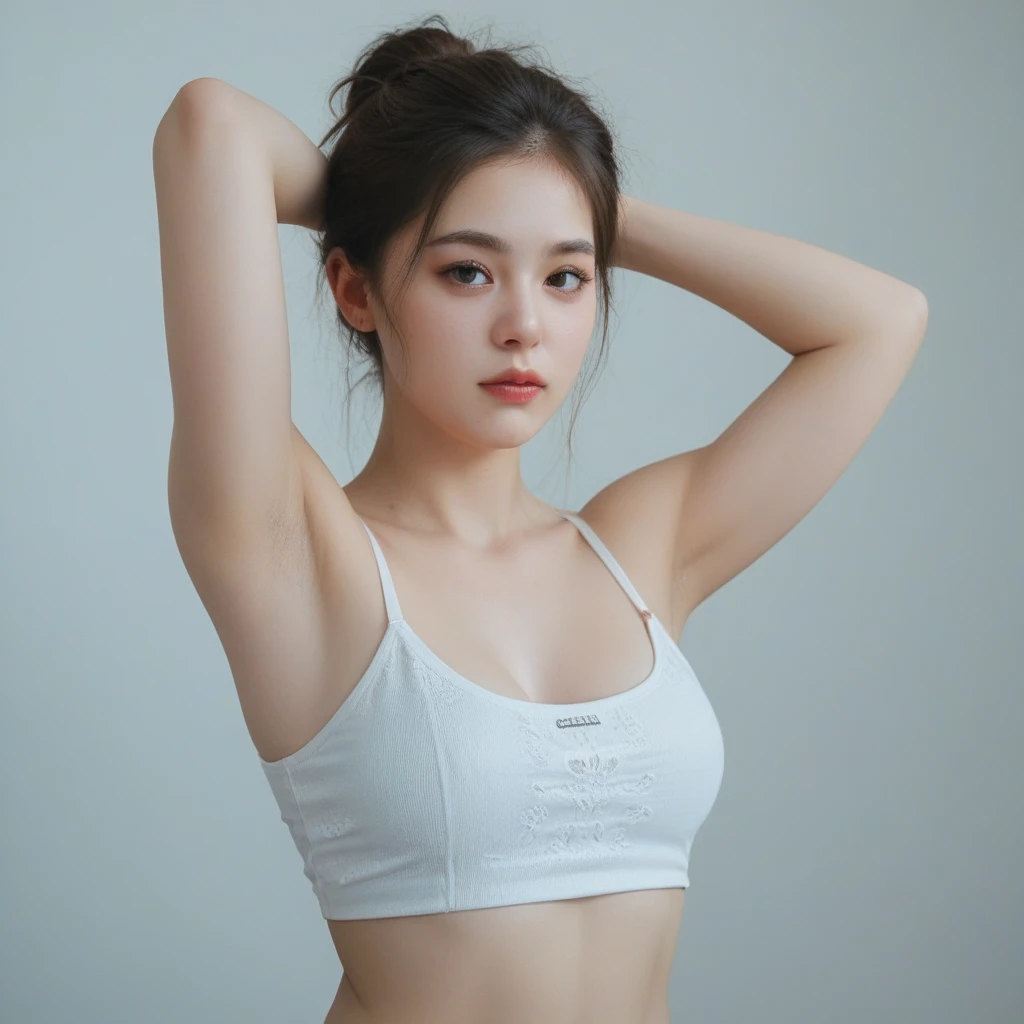 Young Asian woman, sporty theme, white sports bra, natural setting, fit physique, casual sportswear, soft natural lighting, engaged dynamic pose