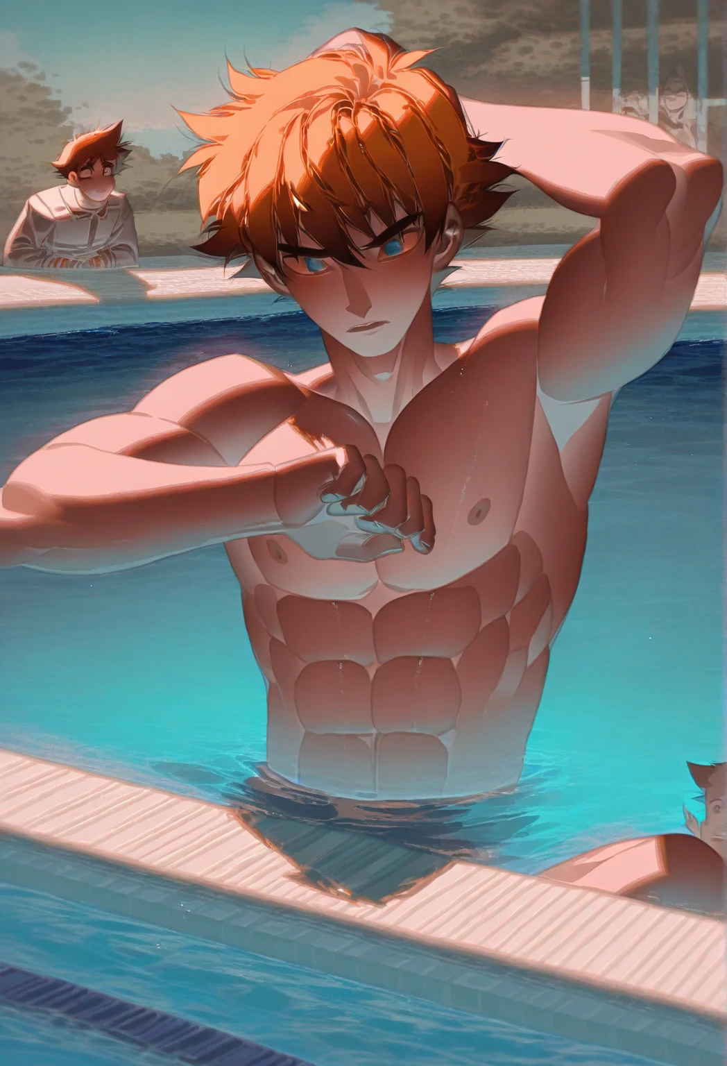 (masterpiece, best quality),1boy,(younge boy,???'s face),Body tilt,Hands drooping down,Delicate big eyes,Keep your eyes open,The ,Big ,,,cum shots,orgasmc,Smooth and delicate skin,(Lewdness),infancy,snowfield,Large ice cubes,Blue-violet aurora,Lewd expression,,infancy,Young age,Blue-white ice cubes,Short round face,Flat chin,Fine face in detail,Briefs,musculous,Short bright orange hair,The eye,复杂,full bodyesbian,nakeness,Teal briefs,Pectoralis abdominal muscles,the night,vivd colour,(depth of fields:1.2),(abs),looking at viewert,A top-down perspective,spread their legs,Arms drooping,snowflower,ice cubes,cold temperature,A top-down perspective