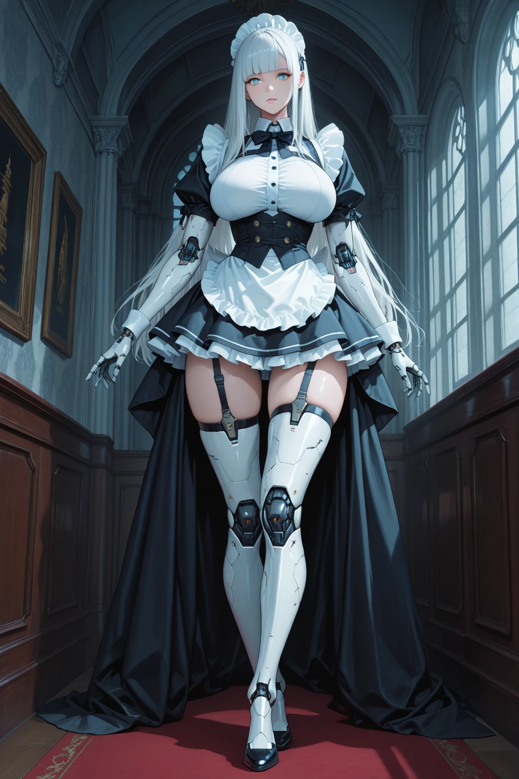 Ultra-realistic 8k CG, beautiful girl with white hair, blue eyes, puffy, plump body, corset breast, fleshy thighs, white patterned stockings, high heels, full body, looking at the audience, symmetry