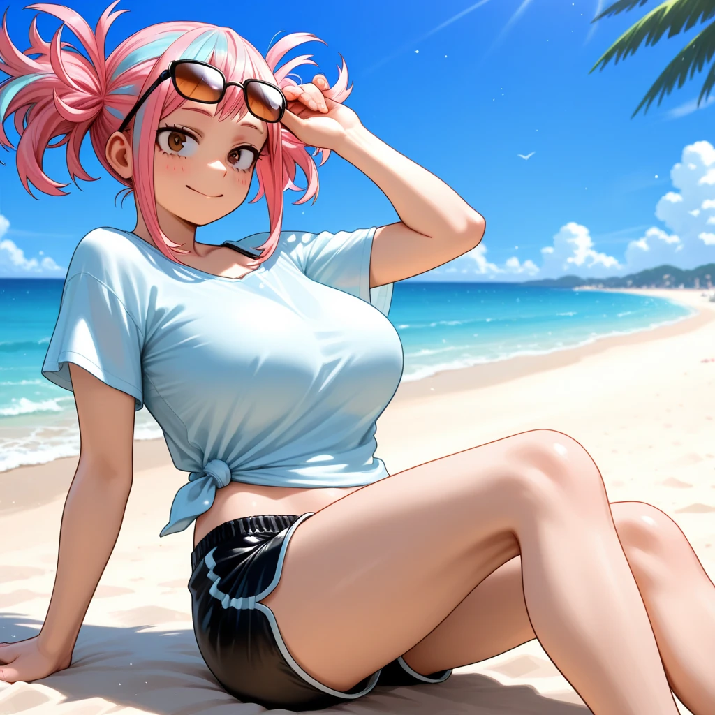 Perfect face. Perfect hands. A pink haired woman with violet eyes with an hourglass figure in a sexy white crop top and daisy dukes is posing sexually on the beach with a big smile