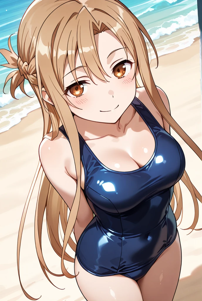 cowboy shot, minami kotori,one-piece swimsuit, curvy body,wet body,big breasts, llchar, peeing self, embarrassed, tears