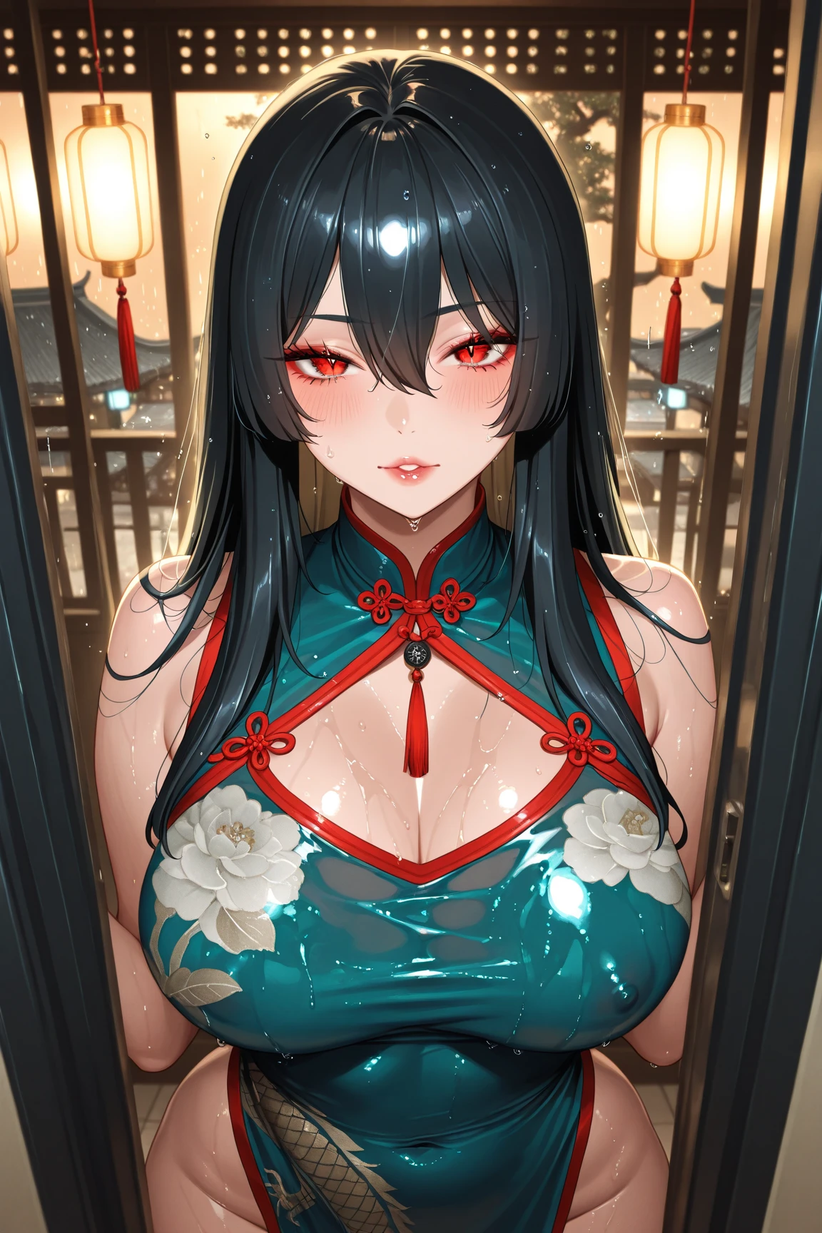 masterpiece, best quality, 8k, hires, detailed, 1girl, mature,detailed skin texture,black hair,long hair,pony tail,huge breast, half body, detailed face, cute face, young face, pure face,detailed red chinese dress,sexy deep side slit,tight short skirt,dragon, shenron in the background, Shenron,