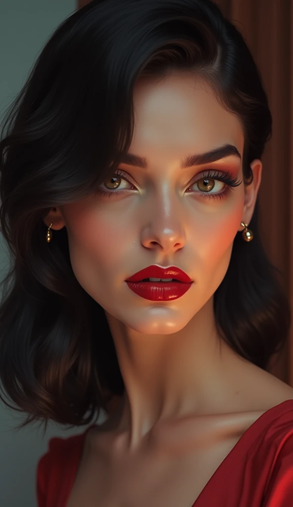 A realistic seductive woman with red cropped 