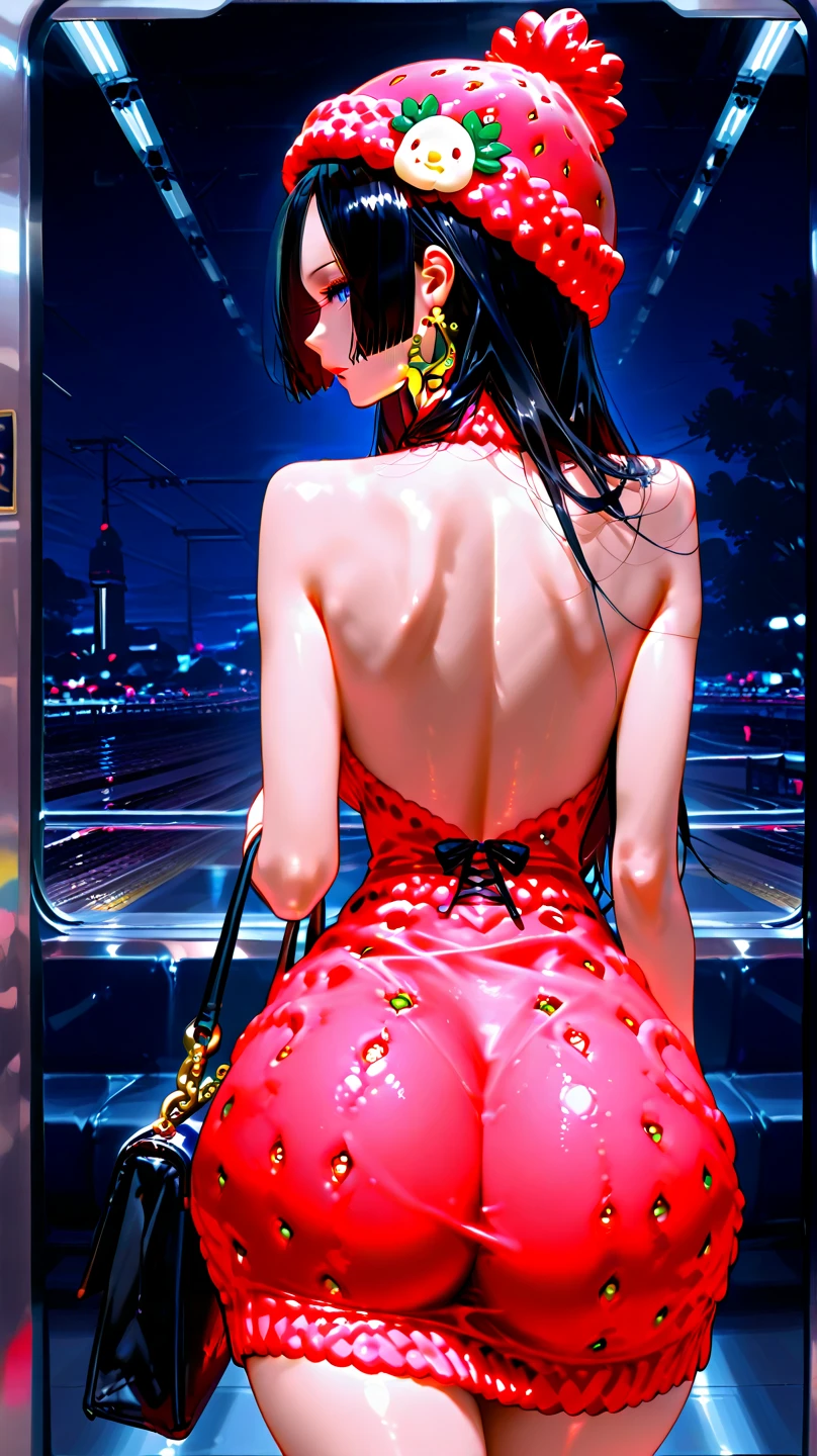 (close up shot, anime style), high quality, best quality, masterpiece, thighs, bright blue detailed eyes, cinematic rearview of sexy Misato Katsuragi posing dynamically, looking up at a cyberpunk neo tokyo well lit highrise building, filled with neon signs, (perfect medium sagging breasts), well lit by red neon lights, ((see-through, see-through breasts)), ponytail, (translucid)