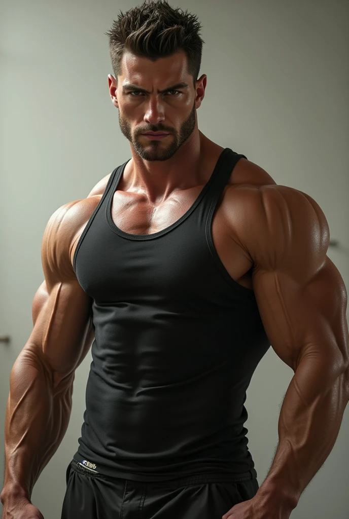 a young and very handsome, massively muscular man, with massively large muscles, with massively large biceps, with massively large arms, wearing a white tank top, on a black background from the side