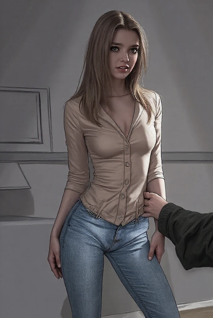 ((Realistic lighting, best qualtiy, 8k, tmasterpiece:1.3)), ((1 boy and 1 girl)), 2 persons, ((a boy grab her breasts))