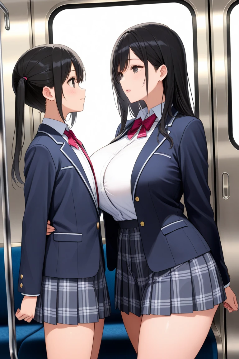 realistic anime art style,(tareme),(curvy body),black unkempt hair,bow tie,dress shirt,(navy pleated skirt),(plaid skirt),unpretentious adult woman standing in crowded train station,sweaty,nipple through,(anguish and blushed),look at viewer