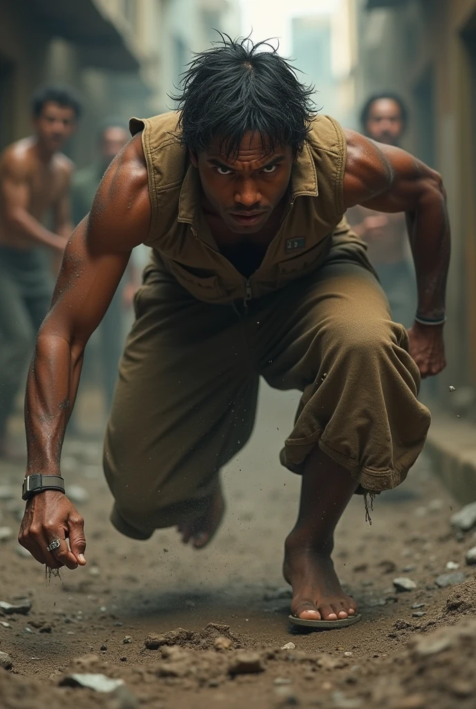 A dynamic and intense action scene featuring a rugged, determined 2 square face shape boy with clean shave in the midst of a battle. He is gripping a long staff with both hands, fiercely defending himself against multiple attackers. The scene is set in a crowded marketplace, with blurred figures of opponents wielding weapons surrounding him. The man has messy hair, a dark shirt, and light-colored pants, exuding raw energy and strength. The background shows a chaotic atmosphere with a crowd in the distance, adding to the tension of the moment.