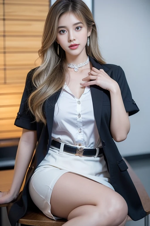 ((RAW photo, best quality)), (realistic, photo-realistic:1.3), masterpiece, an extremely delicate and beautiful, extremely detailed, CG, unity , 2k wallpaper, Amazing, finely detail, light smile, extremely detailed CG unity 8k wallpaper, huge file size, ultra-detailed, high resolution, absurdres, soft light, beautiful detailed girl, detailed fingers, extremely detailed eyes and face, beautiful detailed nose, beautiful detailed eyes, long eyelashes, light on face, looking at viewer, 1girl, (full body), ((small breasts)), realistic face, realistic body, beautiful detailed thigh, <lora:Sexy_Office_Lady:0.5>, long hair, breasts, looking at viewer, blue eyes, skirt, blond hair, shirt, long sleeves, white shirt, glasses, pants, black skirt, blurry, lips, blurry background, black pants, red lips,  <lora:aespaKarina_aespaKarinaV5:0.5> , <lora:koreanDollLikeness_v15:0.2> ,(ulzzang-6500-v1.1:0.4),<lora:cuteGirlMix4_v10:0.2>