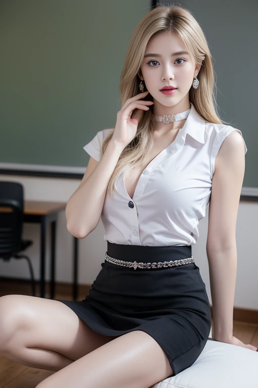 (8k high resolution, masterpiece, best quality. alone complicated details Chromatic aberration) realistically ((chest)) Hair in one eye, purple eyes, big round hoop earrings, sharp eyes, diamond choker, red gemstone necklace. ,(Symmetrical eyes),(Perfectly symmetrical body),(Photo of a beautiful 21 year old girl),Beautiful and charming with contemporary fashion illustrations through the eyes of the viewer. ((Behind the scenes of a large classroom)) , (black short skirt), (((Wear a white short-sleeved shirt that is completely unbuttoned. Open shirt to show breasts, no bra), (openly), (Soft chest))), ((black shorts) Pencil skirt with deep slit on the side.) (Leather belt, long square buckle) ((Put your hands down.)) (Golden bob, side bangs, golden hair (A thin layer of hair covers the face.)), sharp eyeliner, Eye shadow blush with thick eyelashes, Very delicate and beautiful, round chin, Sharp focus, luxurious, Open your legs on the study table. Turn your head with your legs open at eye level. Open your legs and lift your right leg over your left leg. Let your legs be at eye level naturally. Keep your legs slightly apart in a dynamic pose. mahalaiuniform
