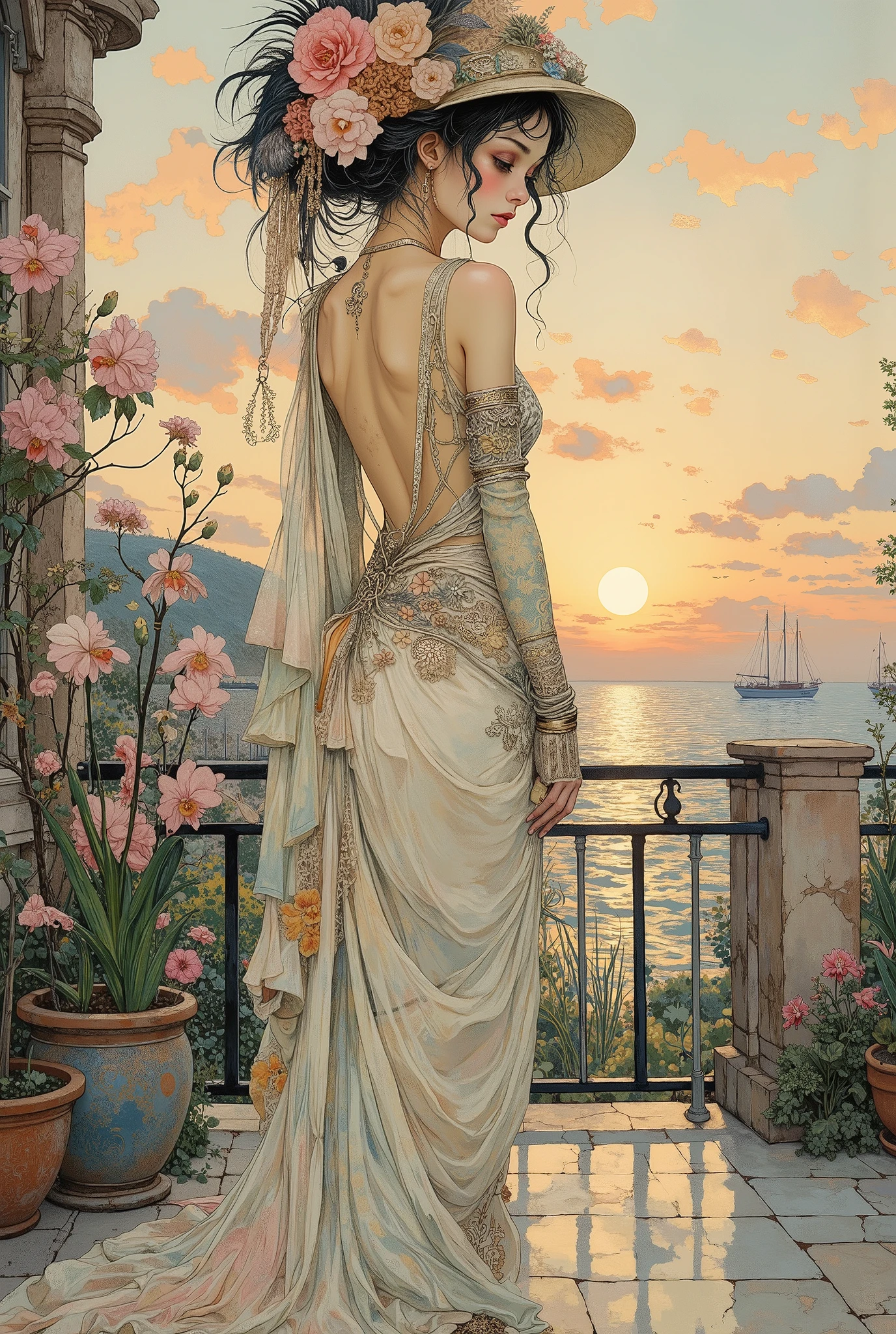 An incredibly beautiful, graceful Art Nouveau woman stands from the back on an outdoor terrace with wrought-iron railings. She is wearing a luxurious dress with an open back, a skirt with a tourniquet and a long train decorated with floral embroidery and the finest lace. A wide-brimmed hat with ostrich feathers and a translucent veil falling over his face. Long gloves above the elbow emphasize the sophistication of her image. The lady's body is gracefully curved. A glance at the viewer over his shoulder from under the veil. Background: sea sunset with golden pink sky, light ripples on azure water, silhouettes of sailboats in the distance. The terrace is surrounded by flowering plants (orchids, irises). Warm sunset tones, muted pastel accents. Style: painting in the spirit of Alphonse Mucha and Gustav Klimt — smooth lines, floral ornaments, Art Nouveau elegance. The detailing of fabrics, the glare of light on feathers and veils, soft shadows. Mood: romantic, mysterious, nostalgic.Avoid hyperrealism, keep the artistic stylization. 4K, high detail.