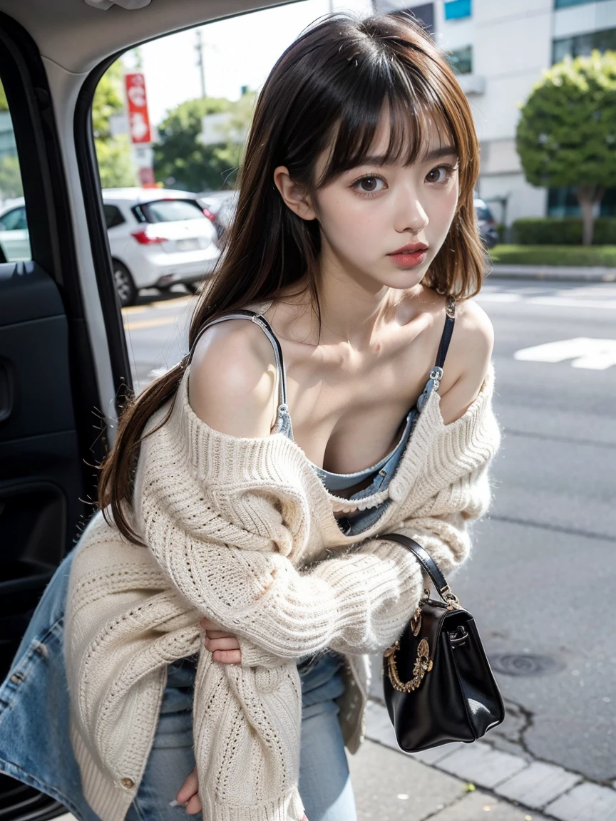 1 gir solo, 20 years old woman, european asian mix beauty, top view shots, abandoned building at the background, sitting on wooden chair, twintail hairstyle with braids, wearing headphones, white short jacket, cleavage, mini skirt, thighs, knees,