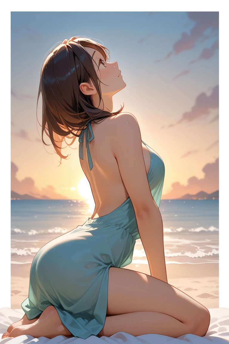 high quality, girl on all fours, standing backwards, rear view, naked, buttocks pushed out, kneels on the floor, looking back at the viewer, without clothes, beach, sunset, sea, gold sand