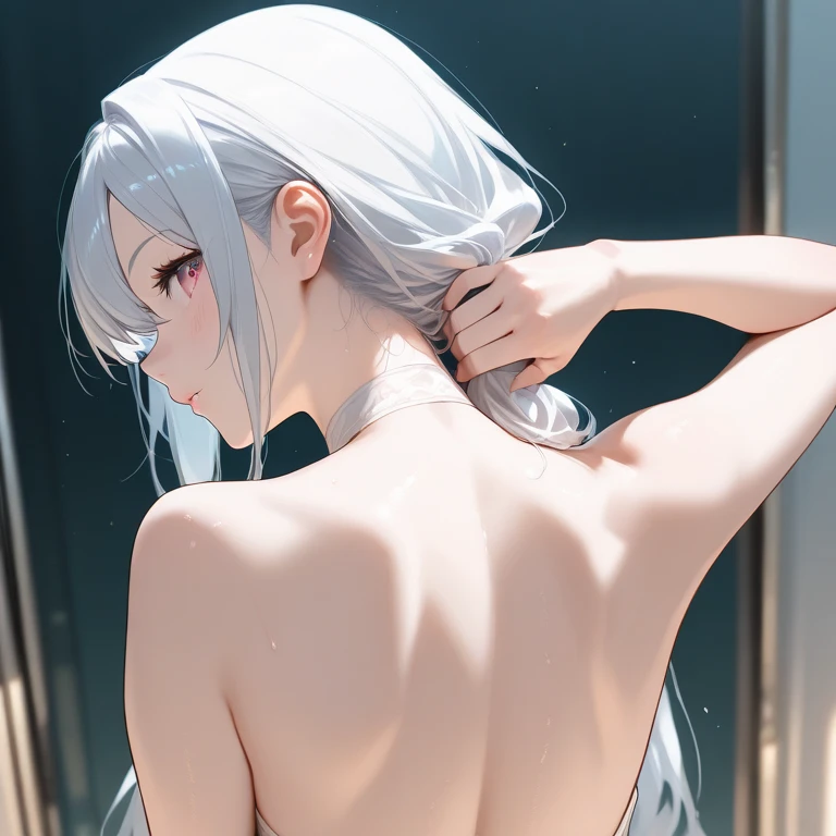 kasumi,From the back,back,nude,Silver Hair,Black Hair Band,Long Side Tail,(((masterpiece))), (((Portraiture))), Diffuse Light, Dynamic Shadows, Sharp focus, Genuineistic, detailed, High resolution, Absurd, White Background, very good, photoGenuineistic, Genuine, Wet, mascara, blush, Sleeveless, like々New Look, Pee stains,