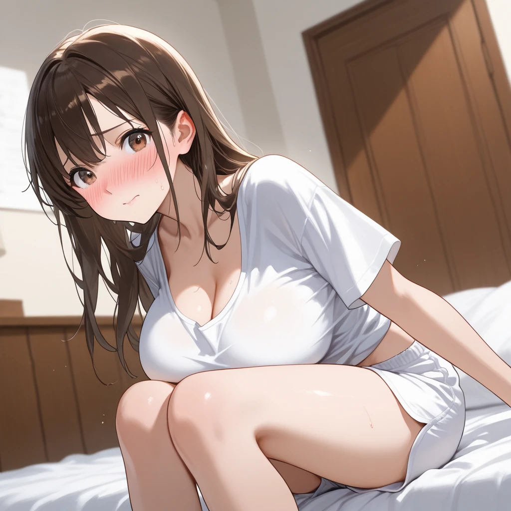 アニメ,One woman, 23 years old,bed_Sheet,Open your legs,Sit with your knees up, Open leg pose,Ecstasy,Eyes closed, ecstatic,blush, Sweaty, glistening skin,topless,chest, chestの谷間, clavicle, Slender figure, 形の良い大きなchest, belly button, Light Brown Hair, Medium Hair, alone,White panties,Dynamic Angle,Simple background,Pink heart symbol flying,White Breath