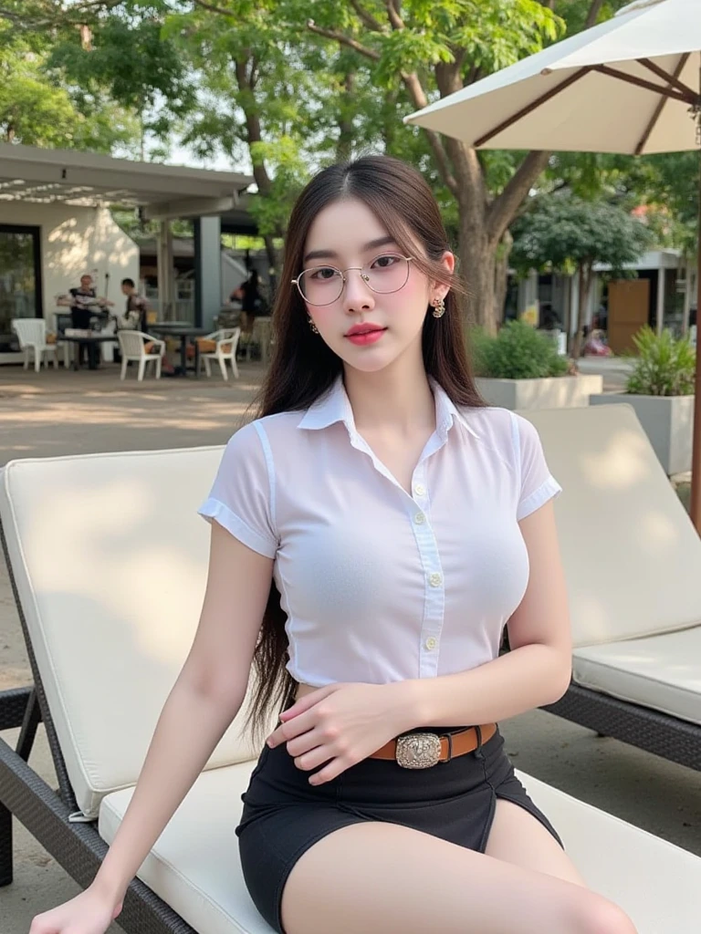 （Actually, the resolution is high.：1.3），Girl with a perfect figure, slender face and eyes, long black hair, student uniform.：1.2 shorts in a restaurant, very big breasts, showing breasts, wearing glasses, long hair, bangs, beautiful smile