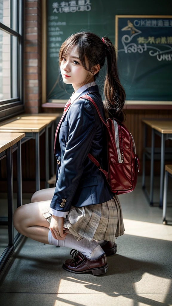 Stand in the classroom of school２fashi-girl,red tie uniform,Dark Blue Closed Blazer,Blue plaid mini skirt:1.2,18-year-old,bangs,a little smile,thighs,knees,from below，random pose，pretty girl，slender girl，white panties，blonde with short cut，Side waves with a short cut，Carrying a black rucksack，