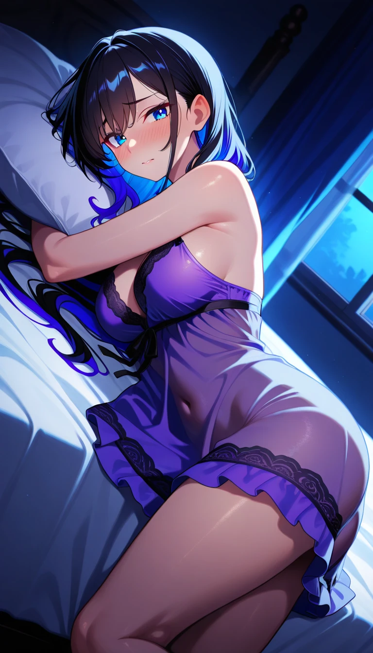 "In a quiet bedroom at night, a female character lies in bed, reading a book. The full moon shines outside the window, and sheer curtains gently sway. She is dressed in relaxed pajamas, and the room is lit with soft tones of blue and purple. A warm light on the bedside table creates a cozy atmosphere."