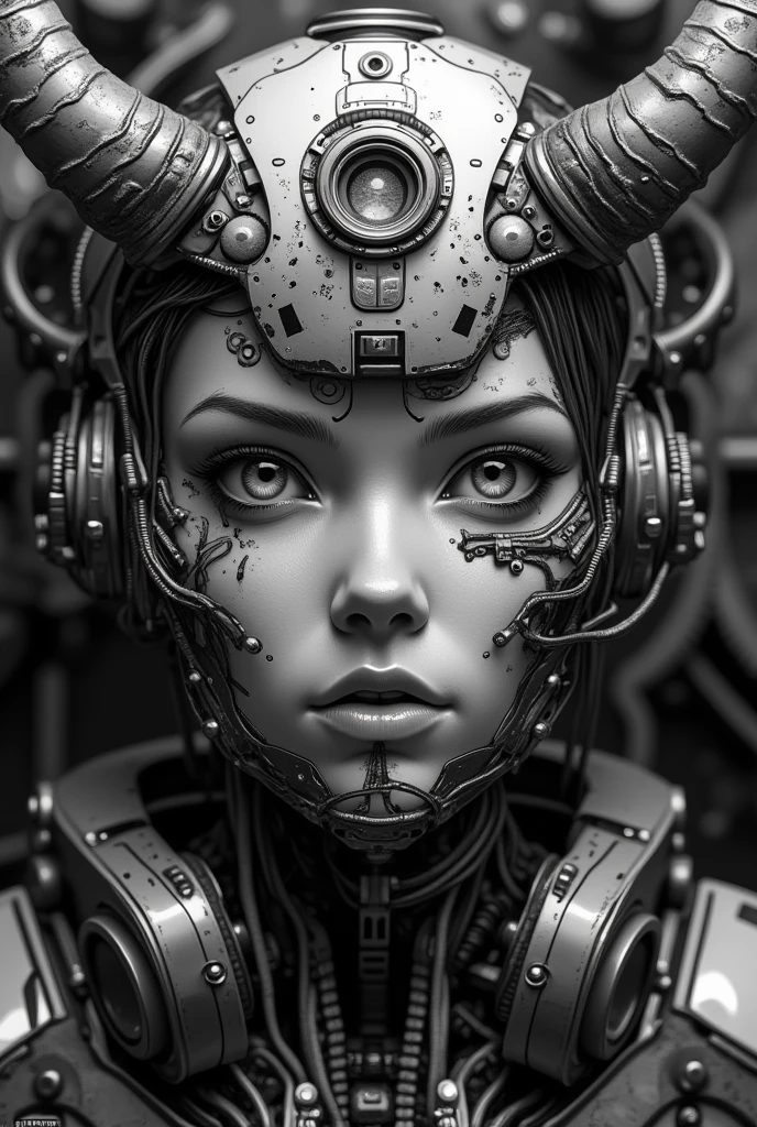 ((masterpiece)), ((best quality)), 1girl, close-up, cyborg, portrait, Empty, ruins, heavy black and white, <lora:Blame!:1>