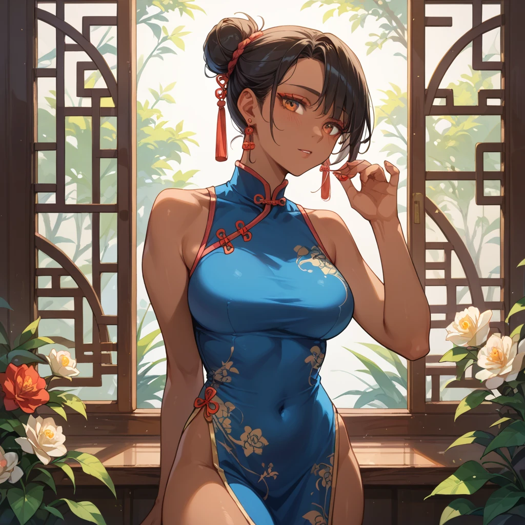 (((Dark brown skin))) Beautiful tall woman　Black Hair　Slit eyes　(((Michikingu)))　China dress　　String Panties　curvy　((Upstyle))　　erect nipples　　　　Popular on pixiv　Popular on Fantia　　erect nipples　　smile　Standing with arms crossed Medium short　Behind the back
