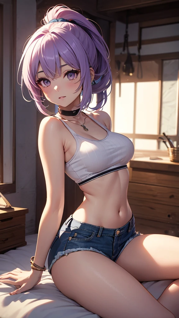 young girl, multi-colored hair, Short purple hair with yellow tips, Fox ears, blue eyes, Smile, open belly, Purple T-shirt, Huge-breasts, red tattoos, Shorts, Masterpiece, hiquality, 4k, HD, Good detail