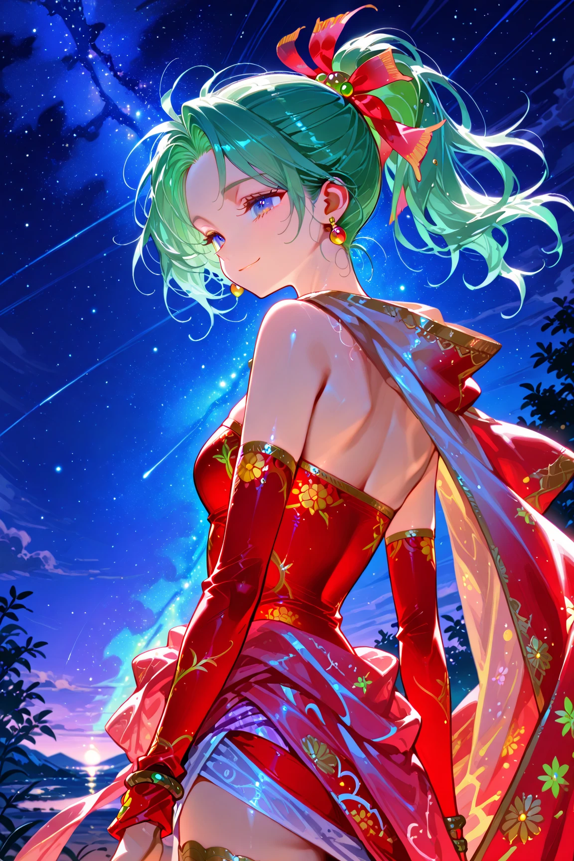 score_9, score_8_up, Source_Anime, 1girl, solo, Tina Branford, green hair, ponytail, hair ribbon, earrings, cape, Red Dress, strapless, Detached Sleeve, clothes around the waist, printed leg clothes, upper body, faint smile, closed mouth, Starry Night, viewers, Back view
