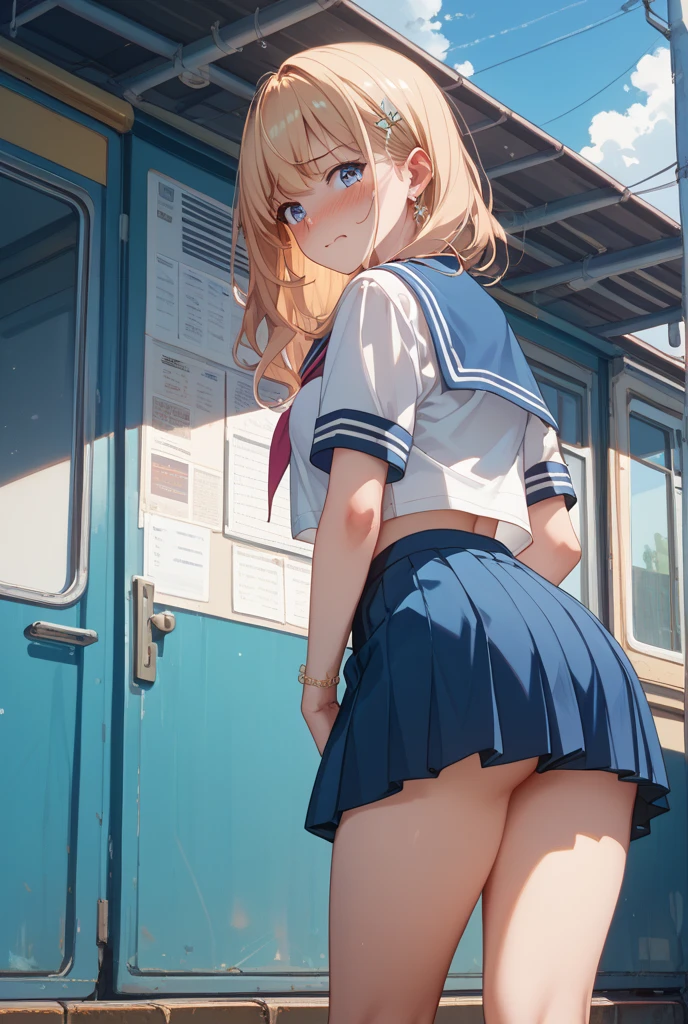 highest quality、High resolution、detailed background、beautiful and detailed face、beautiful and smooth skin、skin texture、professional lighting、Beautiful age girl、3 women、(huge breasts:1.1)、big ass、panty shot、sexy panties、string panties、cuteセーラー服か制服、white sailor collar、Pleated mini skirt with tartan plaid pattern、cute髪型、High Socks Over Knee、knee high socks、
Sunny、school zone、in the city、(backwards、emphasize the buttocks)、strong wind is blowing、panty shot、cute、emphasize the buttocks、look at me with cold eyes、sexual expression、sexual butt and back