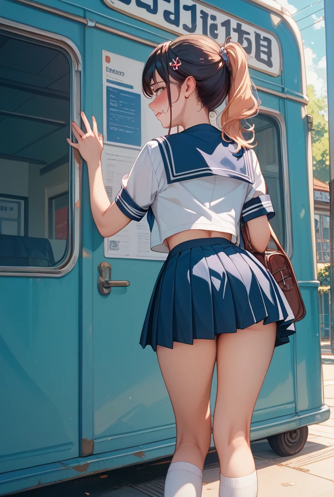 nsfw, 1girl, view from behind, close view on , slit_, ass, perfect , cumdrip, (masterpiece: 1.4), (8K, realistic, raw photo, best quality: 1.4), , Japanese girl, beautiful cute face, (real face: 1.4), beautiful hairstyle, realistic blue eyes, beautiful detail eyes, (real skin: 1.3), beautiful skin, attractive, ultra high resolution, ultra realistic, school girl uniform, cinematic lighting, white colored hair, long hair, twin ponytails, blue ribbons, sunshine, busy street